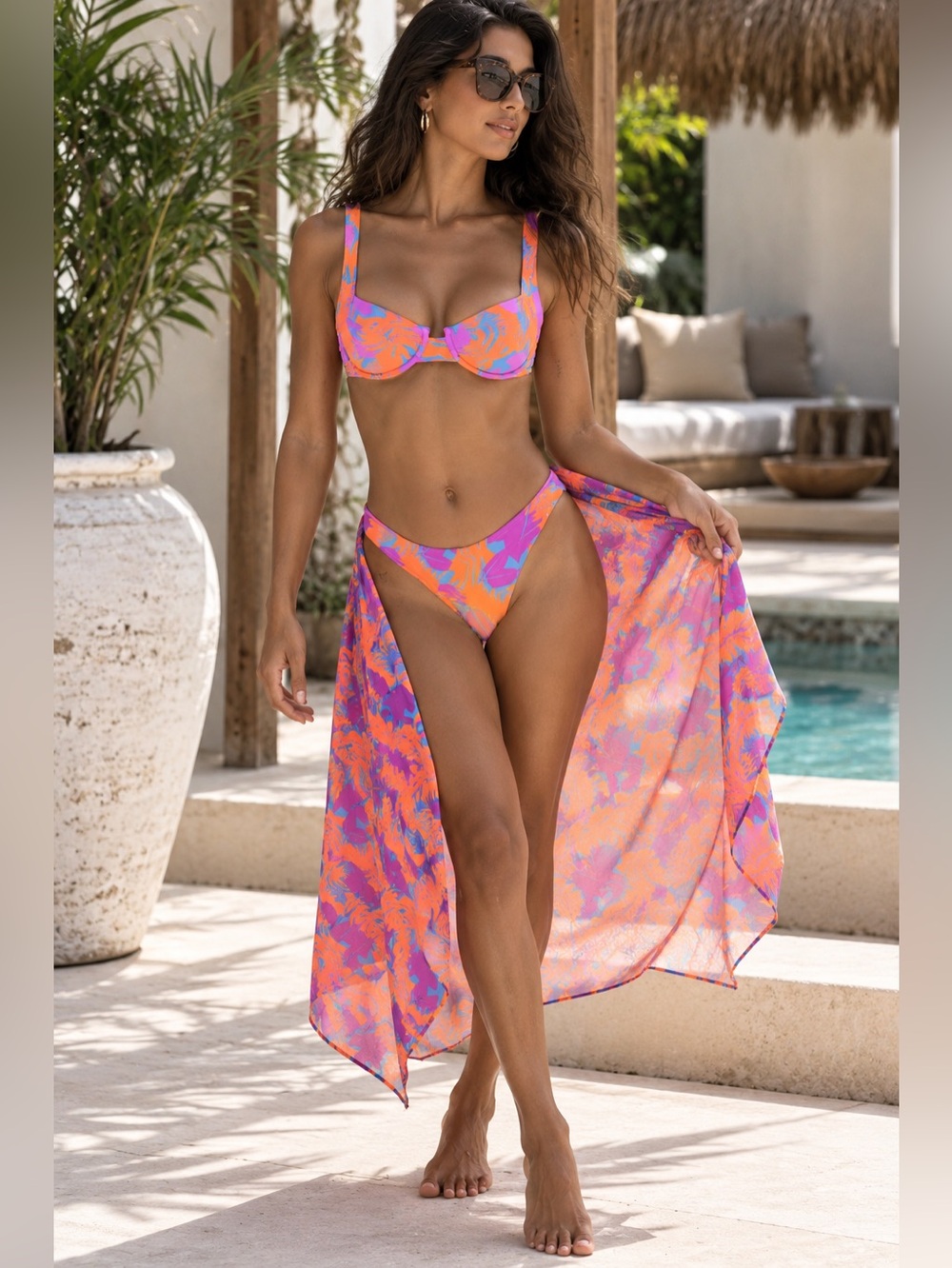 VETCHY Laguna Tropical Bikini + Sarong 3 Piece Set Medium $206 Retail